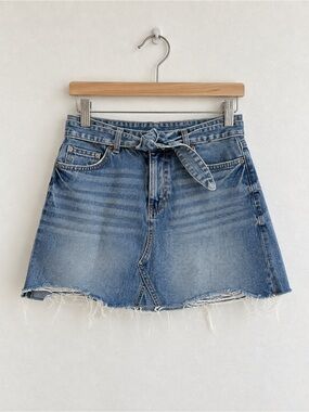 Paige Denim Tie-Waist Frayed Hem Skirt - Blue